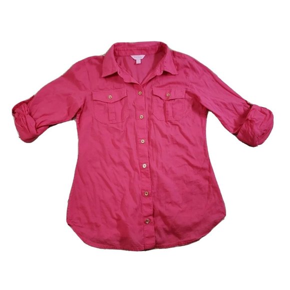 Lilly Pulitzer Cruiser Camp Shirt Button Up Pink Size 2 Gold Tone Buttons Blouse - Picture 1 of 9
